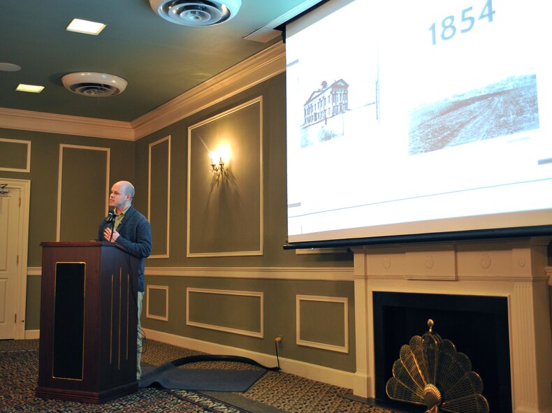 John Sullivan, a representative from Omaha’s Durham Museum, delivers a presentation on the history of racial segregation and the civil rights movement in the Omaha-Metro area at the Offutt Air Force Base Patriot Club, Neb., Feb. 17, 2016. Sullivan was taking part in the Offutt Diversity Team’s commemoration of Black History Month.