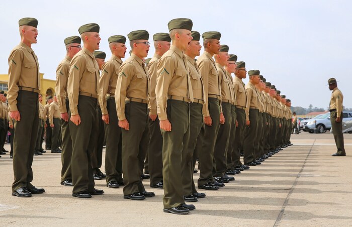 Marines from Echo Company, 2nd Recruit Training Battalion, get released for liberty call by their senior drill instructor for liberty call at Marine Corps Recruit Depot San Diego, March 3. Family Day is the first time the new Marines are able to reunite with their families since leaving for training 13 weeks ago. Annually, more than 17,000 males recruited from the Western Recruiting Region are trained at MCRD San Diego. Echo Company is scheduled to graduate March 4.