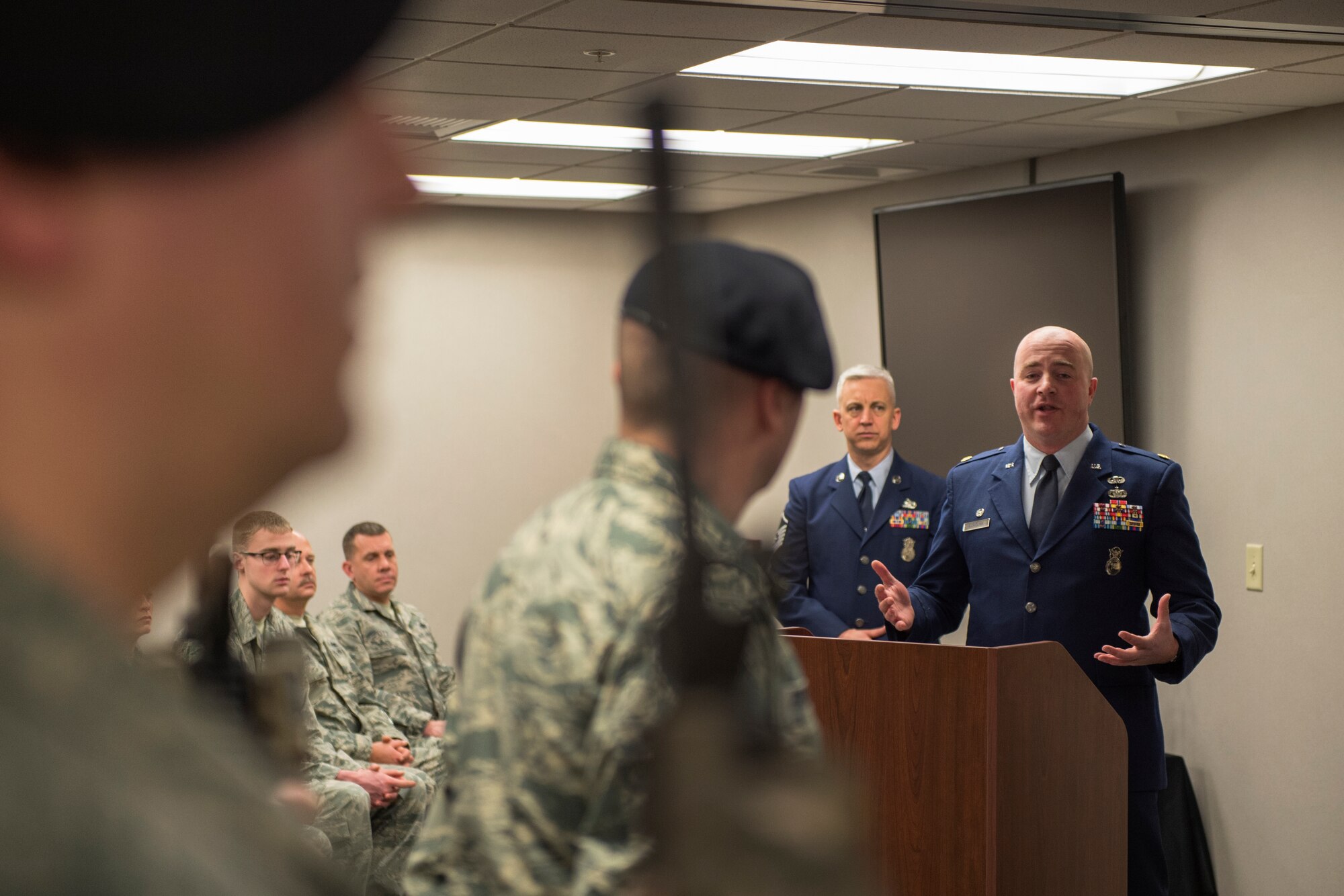 Maj. Matthew Garvelink, 434th Security Forces Squadron commander, addresses his troops after assuming command during the February unit training assembly at Grissom Air Reserve Base, Feb. 6,2016. The Michigan native holds a Bachelor’s of Science degree in criminal justice from Grand Valley State University, Allendale, Michigan and a Bachelor’s of Science degree in Biology from Hope College, Holland, Michigan. (U.S. Air Force photo/Tech. Sgt. Benjamin Mota)