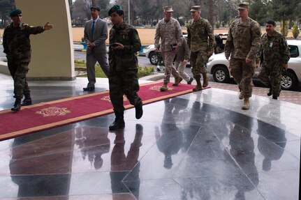 Marine Corps Gen. Joseph F. Dunford Jr., chairman of the Joint Chiefs of Staff, center left, and Army Gen. John W. Nicholson Jr. arrive at the Ministry of Defense in Kabul, Afghanistan, March 2, 2016. DoD photo by D. Myles Cullen