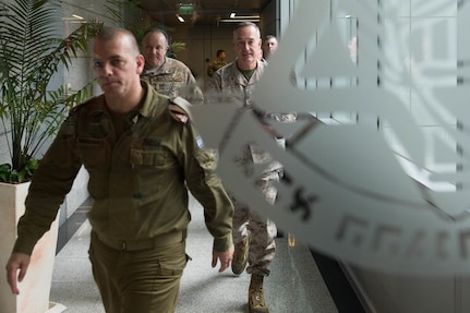 U.S. Marine Corps Gen. Joseph F. Dunford Jr., chairman of the Joint Chiefs of Staff, center, walks with U.S. Air Force Gen. Philip M. Breedlove, NATO's supreme allied commander for Europe and commander of U.S. European Command, center left, at the Israeli Ministry of Defense in Tel Aviv, Israel, March 3, 2016. DoD photo by D. Myles Cullen