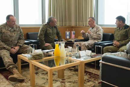 U.S. Marine Corps Gen. Joseph F. Dunford Jr., chairman of the Joint Chiefs of Staff, center right, meets with, from left, U.S. Air Force Gen. Philip M. Breedlove, NATO's supreme allied commander for Europe and commander of U.S. European Command; Israeli Lt. Gen. Gadi Eizenkot, the commander in chief of the Israel Defense Forces; and Israeli Maj. Gen. Yaakov Ayish at the Ministry of Defense in Tel Aviv, Israel, March 3, 2016. DoD photo by D. Myles Cullen