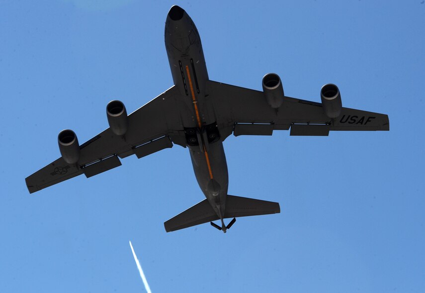 A KC-135 Stratotanker flies overhead during the start of Red Flag 16-2, at Nellis Air Force Base, Nev. The purpose of Red Flag is to provide advanced, realistic and relevant training in a contested, degraded and operationally limited environment and tankers like the KC-135 help sustain the coalition forces in the air to complete the mission. (U.S. Air Force photo/Senior Airman David Bernal Del Agua)