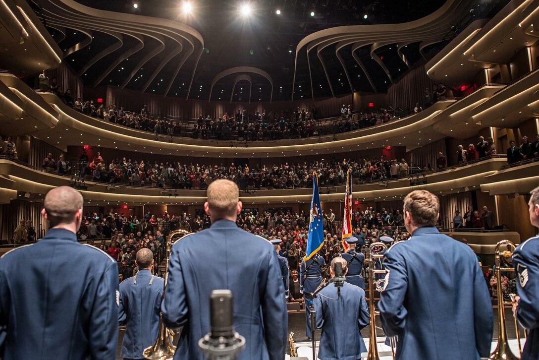 The US Air Force Honor Guard Color Team opened up The United States Air Force Band's
Airmen of Note Concert at the packed Virginia Tech Moss Arts Center in Blacksburg.  The performance was part of a three-day tour to southwest Virginia. (Photo by Senior Master Sgt Kevin Burns/released)
