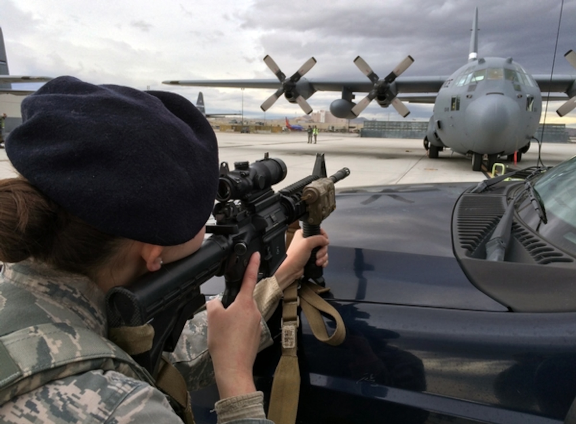 Staff Sgt. Chelsea Canaday pulls security during a hijacking/active shooter training exercise last week at the Nevada Air National Guard Base in Reno. The exercise was part of the 152nd Airlift Wing's ongoing inspection process. Photo by Tech. Sgt. Emerson Marcus