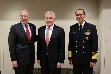 Right to left: U.S. Navy Adm. Cecil D. Haney, U.S. Strategic Command (USSTRATCOM) commander; former Secretary of Defense Chuck Hagel; and Dr. John Christensen, University of Nebraska chancellor; pose for a photo before speaking during the 2016 Deterrence and Assurance Workshop and Conference at the University of Nebraska at Omahaâ€™s (UNO) College of Public Affairs and Community Service, Omaha, Neb., March 3, 2016. Secretary Hagel provided the keynote address at the conference, during which he discussed the current and future strategic environment, his personal experiences as a student at UNO and USSTRATCOMâ€™s role in regional and global security. In his remarks, Haney discussed deterrence and assurance, the importance of USSTRATCOMâ€™s collaboration with academic institutions and the need to develop future leaders. Dr. Christensen also presented remarks, and introduced Secretary Hagel during the event, which was organized by the University of Nebraska at Omahaâ€™s Department of Political Science and USSTRATCOM's Deterrence and Assurance Academic Alliance. The alliance includes 23 local and national universities and was started in Oct. 2014 to stimulate new thinking and develop future generations of deterrence practitioners. One of nine DoD unified combatant commands, USSTRATCOM has global strategic missions, assigned through the Unified Command Plan, which include strategic deterrence; space operations; cyberspace operations; joint electronic warfare; global strike; missile defense; intelligence, surveillance and reconnaissance; combating weapons of mass destruction; and analysis and targeting. (USSTRATCOM photo by U.S. Air Force Staff Sgt. Jonathan Lovelady)
