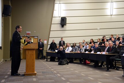 U.S. Navy Adm. Cecil D. Haney, U.S. Strategic Command (USSTRATCOM) commander (left), discusses deterrence and assurance during the 2016 Deterrence and Assurance Workshop and Conference at the University of Nebraska at Omahaâ€™s (UNO) College of Public Affairs and Community Service, Omaha, Neb., March 3, 2016. Haney also elaborated on the importance of USSTRATCOMâ€™s collaboration with academic institutions and the need to develop future leaders. Former Secretary of Defense Chuck Hagel provided the keynote address at the conference, during which he discussed the current and future strategic environment, his personal experiences as a student at UNO and USSTRATCOMâ€™s role in regional and global security. Dr. John Christensen, University of Nebraska chancellor, also presented remarks during the event, which was organized by the University of Nebraska at Omahaâ€™s Department of Political Science and USSTRATCOM's Deterrence and Assurance Academic Alliance. The alliance includes 23 local and national universities and was started in Oct. 2014 to stimulate new thinking and develop future generations of deterrence practitioners. One of nine DoD unified combatant commands, USSTRATCOM has global strategic missions, assigned through the Unified Command Plan, which include strategic deterrence; space operations; cyberspace operations; joint electronic warfare; global strike; missile defense; intelligence, surveillance and reconnaissance; combating weapons of mass destruction; and analysis and targeting. (USSTRATCOM photo by U.S. Air Force Staff Sgt. Jonathan Lovelady)