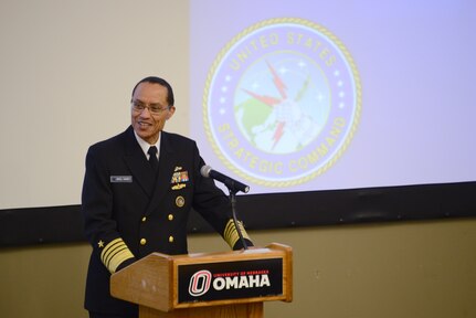 U.S. Navy Adm. Cecil D. Haney, U.S. Strategic Command (USSTRATCOM) commander, discusses deterrence and assurance during the 2016 Deterrence and Assurance Workshop and Conference at the University of Nebraska at Omahaâ€™s (UNO) College of Public Affairs and Community Service, Omaha, Neb., March 3, 2016. Haney also elaborated on the importance of USSTRATCOMâ€™s collaboration with academic institutions and the need to develop future leaders. Former Secretary of Defense Chuck Hagel provided the keynote address at the conference, during which he discussed the current and future strategic environment, his personal experiences as a student at UNO and USSTRATCOMâ€™s role in regional and global security. Dr. John Christensen, University of Nebraska chancellor, also provided remarks during the event, which was organized by the University of Nebraska at Omahaâ€™s Department of Political Science and USSTRATCOM's Deterrence and Assurance Academic Alliance. The alliance includes 23 local and national universities and was started in Oct. 2014 to stimulate new thinking and develop future generations of deterrence practitioners. One of nine DoD unified combatant commands, USSTRATCOM has global strategic missions, assigned through the Unified Command Plan, which include strategic deterrence; space operations; cyberspace operations; joint electronic warfare; global strike; missile defense; intelligence, surveillance and reconnaissance; combating weapons of mass destruction; and analysis and targeting. (USSTRATCOM photo by U.S. Air Force Staff Sgt. Jonathan Lovelady)