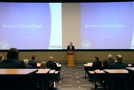 Former Secretary of Defense Chuck Hagel discusses the current and future strategic environment, his personal experiences as a student at UNO and USSTRATCOMâ€™s role in regional and global security during his keynote speech at the 2016 Deterrence and Assurance Workshop and Conference at the University of Nebraska at Omahaâ€™s (UNO) College of Public Affairs and Community Service, Omaha, Neb., March 3, 2016. U.S. Navy Adm. Cecil D. Haney, U.S. Strategic Command (USSTRATCOM) commander, and Dr. John Christensen, University of Nebraska chancellor, also provided remarks during the event, which was organized by the University of Nebraska at Omahaâ€™s Department of Political Science and USSTRATCOM's Deterrence and Assurance Academic Alliance. Haney spoke about deterrence and assurance, the importance of USSTRATCOMâ€™s collaboration with academic institutions and the need to develop future leaders. The alliance includes 23 local and national universities and was started in Oct. 2014 to stimulate new thinking and develop future generations of deterrence practitioners. One of nine DoD unified combatant commands, USSTRATCOM has global strategic missions, assigned through the Unified Command Plan, which include strategic deterrence; space operations; cyberspace operations; joint electronic warfare; global strike; missile defense; intelligence, surveillance and reconnaissance; combating weapons of mass destruction; and analysis and targeting. (USSTRATCOM photo by U.S. Air Force Staff Sgt. Jonathan Lovelady)