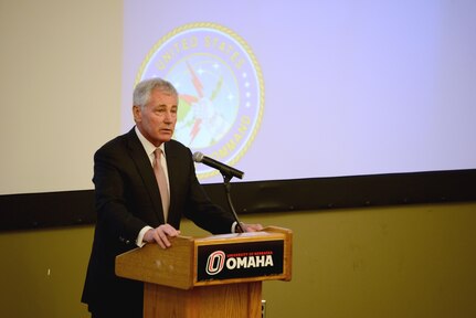 Former Secretary of Defense Chuck Hagel discusses the current and future strategic environment, his personal experiences as a student at UNO and USSTRATCOMâ€™s role in regional and global security during his keynote speech at the 2016 Deterrence and Assurance Workshop and Conference at the University of Nebraska at Omahaâ€™s (UNO) College of Public Affairs and Community Service, Omaha, Neb., March 3, 2016. U.S. Navy Adm. Cecil D. Haney, U.S. Strategic Command (USSTRATCOM) commander, and Dr. John Christensen, University of Nebraska chancellor, also provided remarks during the event, which was organized by the University of Nebraska at Omahaâ€™s Department of Political Science and USSTRATCOM's Deterrence and Assurance Academic Alliance. Haney spoke about deterrence and assurance, the importance of USSTRATCOMâ€™s collaboration with academic institutions and the need to develop future leaders. The alliance includes 23 local and national universities and was started in Oct. 2014 to stimulate new thinking and develop future generations of deterrence practitioners. One of nine DoD unified combatant commands, USSTRATCOM has global strategic missions, assigned through the Unified Command Plan, which include strategic deterrence; space operations; cyberspace operations; joint electronic warfare; global strike; missile defense; intelligence, surveillance and reconnaissance; combating weapons of mass destruction; and analysis and targeting. (USSTRATCOM photo by U.S. Air Force Staff Sgt. Jonathan Lovelady)