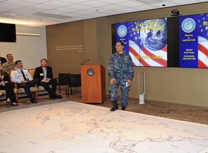U.S. Navy Adm. Cecil D. Haney, U.S. Strategic Command commander, provides opening comment for a deterrence-based tabletop exercise in the commandâ€™s wargame center at Offutt Air Force Base, Neb., March 3, 2016, in conjunction with the 2016 Deterrence and Assurance Workshop and Conference. Members of U.S. Strategic Commandâ€™s (USSTRATCOM) Deterrence and Assurance Academic Alliance &minus; which organized the conference with the University of Nebraska at Omahaâ€™s (UNO) Department of Political Science &minus; joined faculty and students from local and national universities during the exercise to gain a better understanding of USSTRATCOMâ€™s deterrence capabilities. The alliance includes 23 local and national universities and was started in Oct. 2014 to stimulate new thinking and develop future generations of deterrence experts. Alliance members support USSTRATCOM and the program by promoting research topics within their departments; participating in workshops, speaking engagements and panels; and populating an electronic database with research papers and proposals on subjects related to the commandâ€™s global strategic missions. One of nine DoD unified combatant commands, USSTRATCOM has global strategic missions, assigned through the Unified Command Plan, which include strategic deterrence; space operations; cyberspace operations; joint electronic warfare; global strike; missile defense; intelligence, surveillance and reconnaissance; combating weapons of mass destruction; and analysis and targeting. (USSTRATCOM photo by Lynn Green)