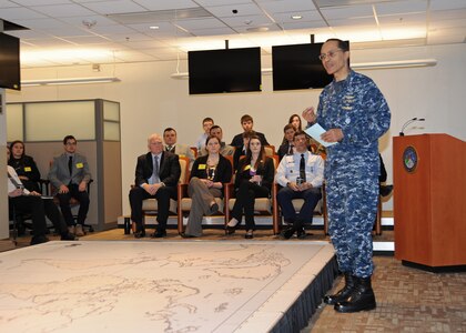 U.S. Navy Adm. Cecil D. Haney, U.S. Strategic Command commander (standing), provides opening comment for a deterrence-based tabletop exercise in the commandâ€™s wargame center at Offutt Air Force Base, Neb., March 3, 2016, in conjunction with the 2016 2016 Deterrence and Assurance Workshop and Conference. Members of U.S. Strategic Commandâ€™s (USSTRATCOM) Deterrence and Assurance Academic Alliance &minus; which organized the conference with the University of Nebraska at Omahaâ€™s (UNO) Department of Political Science &minus; joined faculty and students from local and national universities during the exercise to gain a better understanding of USSTRATCOMâ€™s deterrence capabilities. The alliance includes 23 local and national universities and was started in Oct. 2014 to stimulate new thinking and develop future generations of deterrence experts. Alliance members support USSTRATCOM and the program by promoting research topics within their departments; participating in workshops, speaking engagements and panels; and populating an electronic database with research papers and proposals on subjects related to the commandâ€™s global strategic missions. One of nine DoD unified combatant commands, USSTRATCOM has global strategic missions, assigned through the Unified Command Plan, which include strategic deterrence; space operations; cyberspace operations; joint electronic warfare; global strike; missile defense; intelligence, surveillance and reconnaissance; combating weapons of mass destruction; and analysis and targeting. (USSTRATCOM photo by Lynn Green)