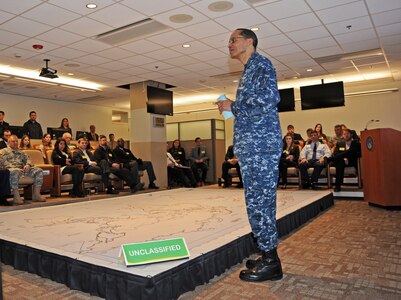 U.S. Navy Adm. Cecil D. Haney, U.S. Strategic Command commander (standing), provides opening comment for a deterrence-based tabletop exercise in the commandâ€™s wargame center at Offutt Air Force Base, Neb., March 3, 2016, in conjunction with the 2016 2016 Deterrence and Assurance Workshop and Conference. Members of U.S. Strategic Commandâ€™s (USSTRATCOM) Deterrence and Assurance Academic Alliance &minus; which organized the conference with the University of Nebraska at Omahaâ€™s (UNO) Department of Political Science &minus; joined faculty and students from local and national universities during the exercise to gain a better understanding of USSTRATCOMâ€™s deterrence capabilities. The alliance includes 23 local and national universities and was started in Oct. 2014 to stimulate new thinking and develop future generations of deterrence experts. Alliance members support USSTRATCOM and the program by promoting research topics within their departments; participating in workshops, speaking engagements and panels; and populating an electronic database with research papers and proposals on subjects related to the commandâ€™s global strategic missions. One of nine DoD unified combatant commands, USSTRATCOM has global strategic missions, assigned through the Unified Command Plan, which include strategic deterrence; space operations; cyberspace operations; joint electronic warfare; global strike; missile defense; intelligence, surveillance and reconnaissance; combating weapons of mass destruction; and analysis and targeting. (USSTRATCOM photo by Lynn Green)