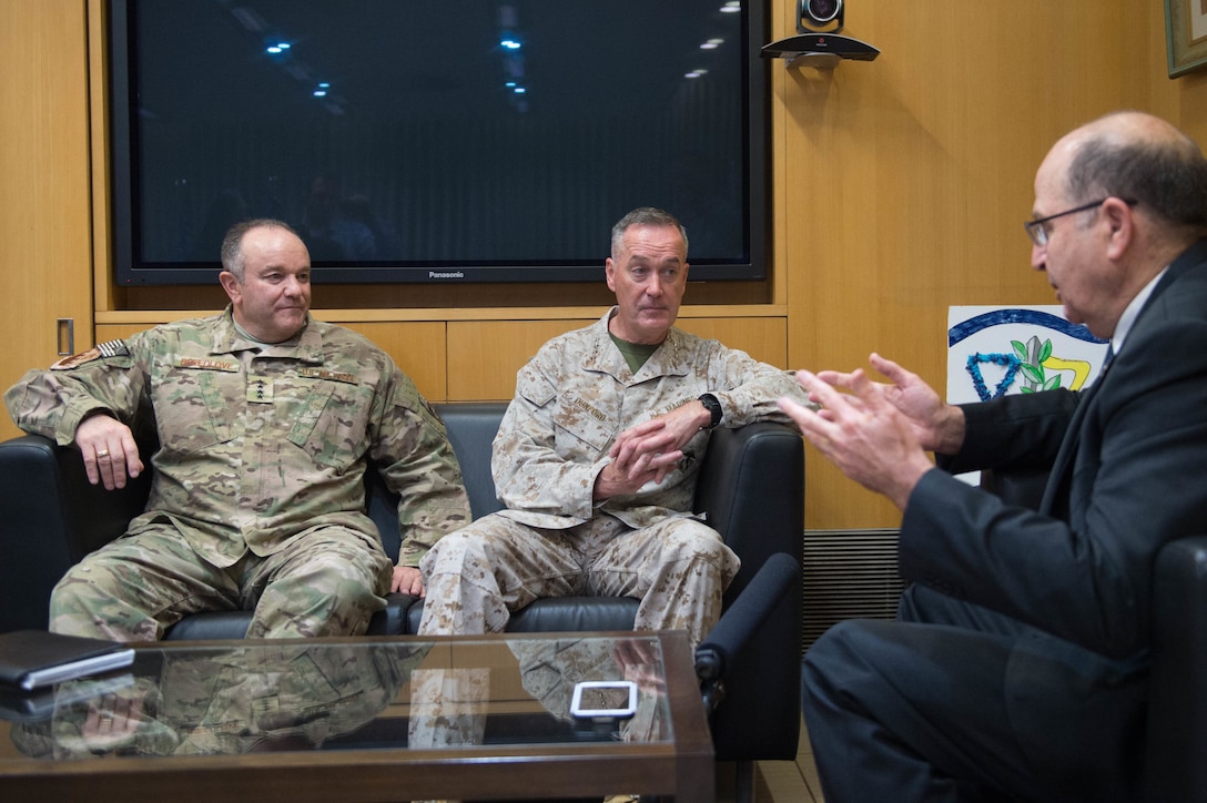 U.S. Marine Corps Gen. Joseph F. Dunford Jr., chairman of the Joint Chiefs of Staff, center, and U.S. Air Force Gen. Philip M. Breedlove, NATO's supreme allied commander for Europe and commander of U.S. European Command, left, meet with Israeli Defense Minister Moshe Yaalon at the Ministry of Defense in Tel Aviv, Israel, March 3, 2016. DoD photo by D. Myles Cullen