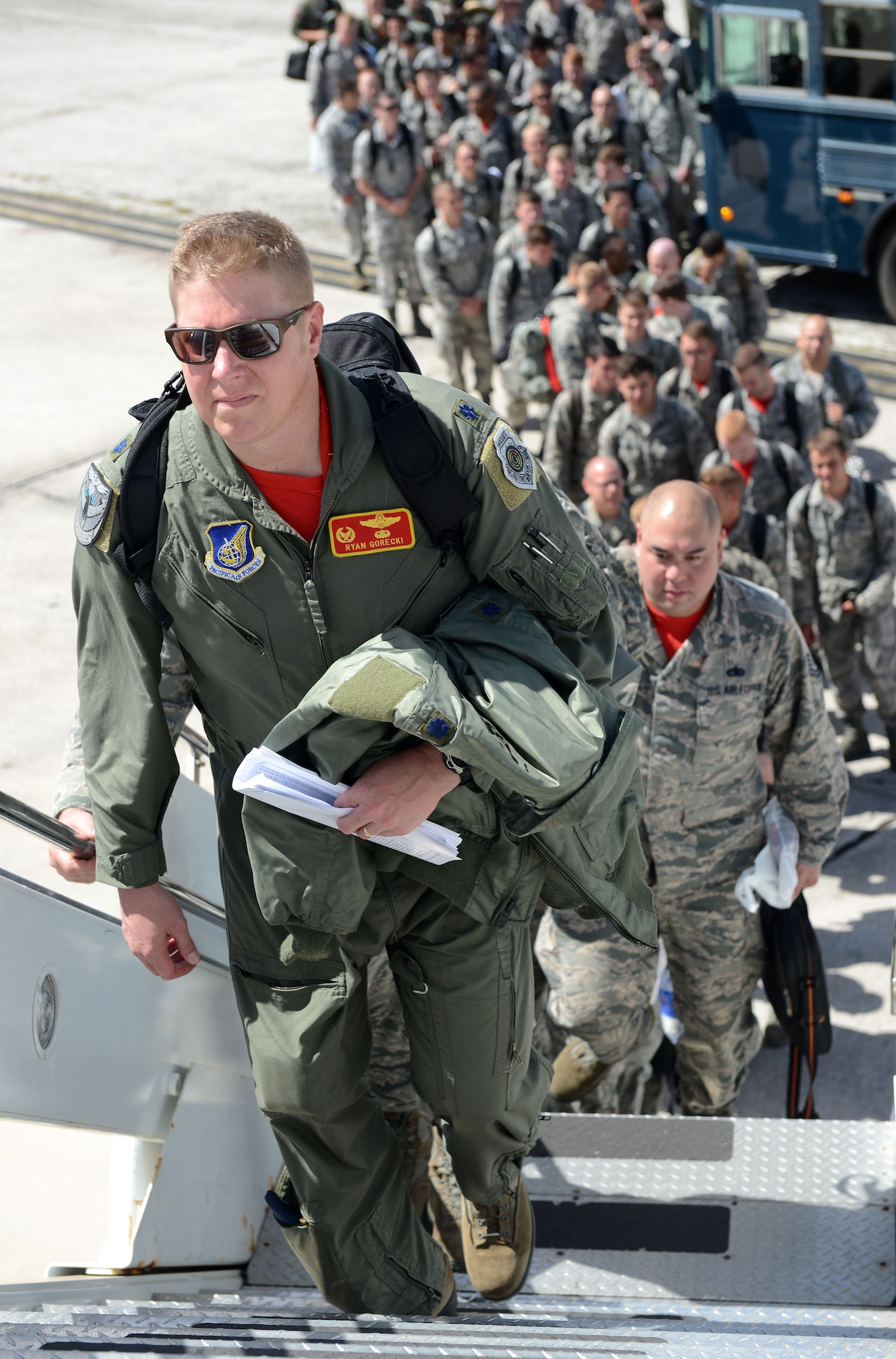 Airmen from Minot Air Force Base, N.D., prepare to leave Andersen Air Force Base, Guam, on March 4, 2016. CBP missions began March 2004 and are designed to enhance regional security and provide reassurance to allies and partners that the United States is capable to defend its national security interests in the Indo-Asia-Pacific region. (U.S. Air Force photo/Airman 1st Class Arielle Vasquez)