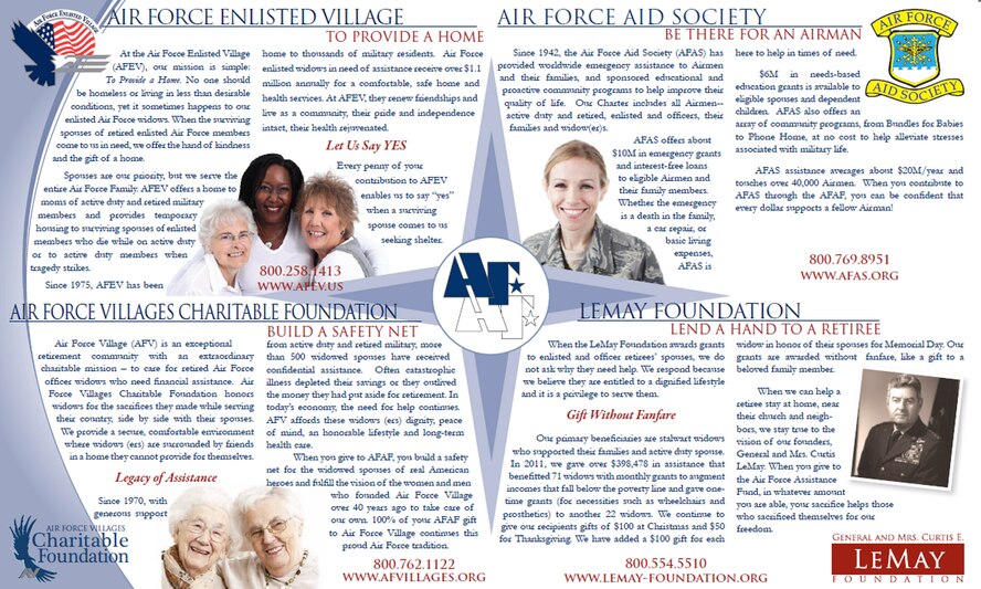 The Air Force Assistance Fund encourages Airmen to give back and take care of their own. Beginning Feb. 29 until April 8, Moody’s goal is to raise $86,974 in donations to support active duty members, retirees, reservists, guard members, dependents, as well as surviving spouses in need. The program supports four different organizations: The Air Force Enlisted Village, the Air Force Villages Charitable Foundation, the Air Force Aid Society and the General and Mrs. Curtis E. LeMay Foundation. To make contributions, visit www.afassistancefund.org/index.php/contribute/ (Courtesy graphic)