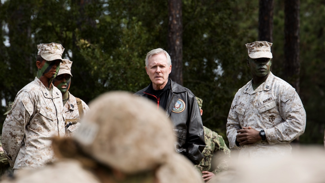 Secretary of the Navy Ray Mabus, center, speaks with Capt. Taylor Bates, left, commander of Oscar Company, 4th Recruit Training Battalion, and Capt. Larry Black Jr., commander of Delta Company, 1st Recruit Training Battalion, about the Crucible at Marine Corps Recruit Depot Parris Island, S.C., March 3, 2016. Parris Island is the only place in the Marine Corps where enlisted males and females undergo 70 training days to earn the title United States Marine. Today, approximately 19,000 recruits come to Parris Island annually for the chance to become United States Marines by enduring 13 weeks of rigorous, transformative training. Parris Island is home to entry-level enlisted training for approximately 50 percent of male recruits and 100 percent of female recruits in the Marine Corps.
