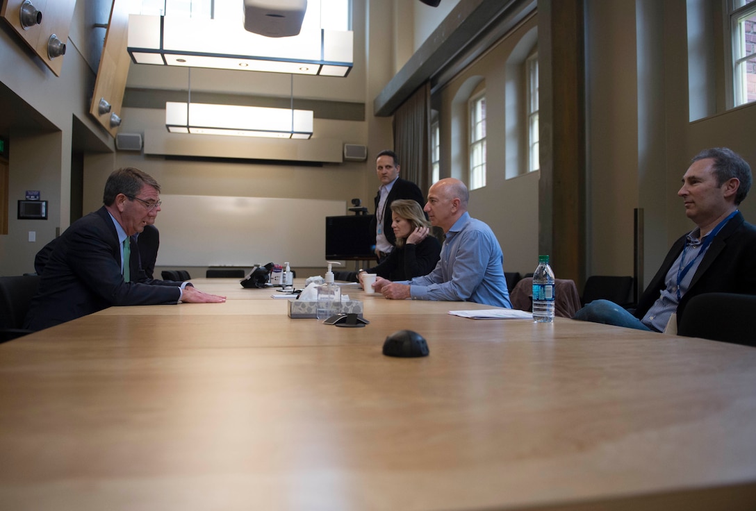 Defense Secretary Ash Carter, left, meets with Amazon CEO and founder Jeff Bezos in Seattle, March 3, 2016. DoD photo by Navy Petty Officer 1st Class Tim D. Godbee