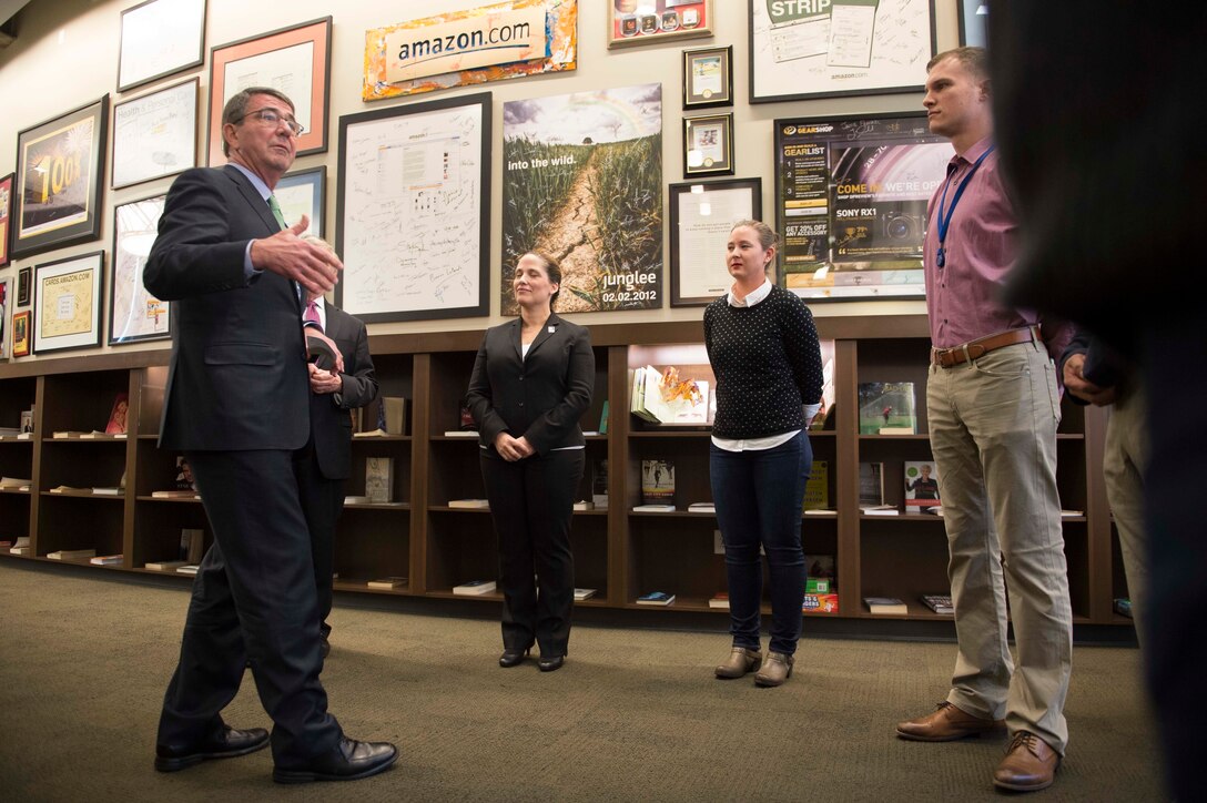 Defense Secretary Ash Carter, left, meets with service members currently participating in an exchange program with Amazon in Seattle, March 3, 2016. DoD photo by Navy Petty Officer 1st Class Tim D. Godbee