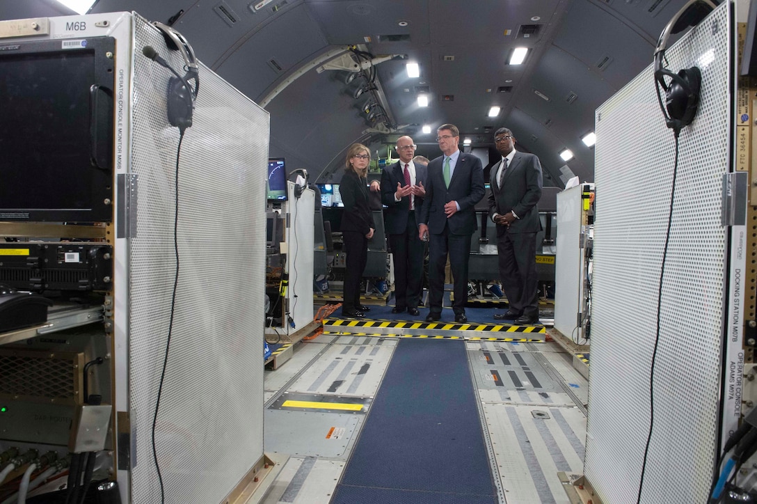 Defense Secretary Ash Carter receives a tour of a Boeing KC-46 aircraft at the Boeing facilities in Seattle, March 3, 2016. DoD photo by Navy Petty Officer 1st Class Tim D. Godbee