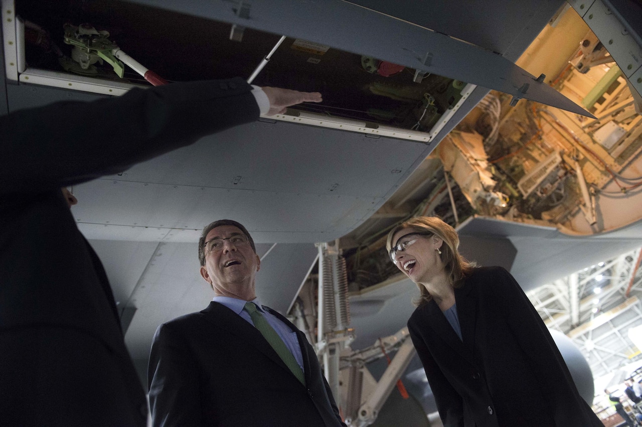 Defense Secretary Ash Carter, center, tours a Boeing KC-46 aircraft at the Boeing facilities in Seattle, March 3, 2016. DoD photo by Navy Petty Officer 1st Class Tim D. Godbee