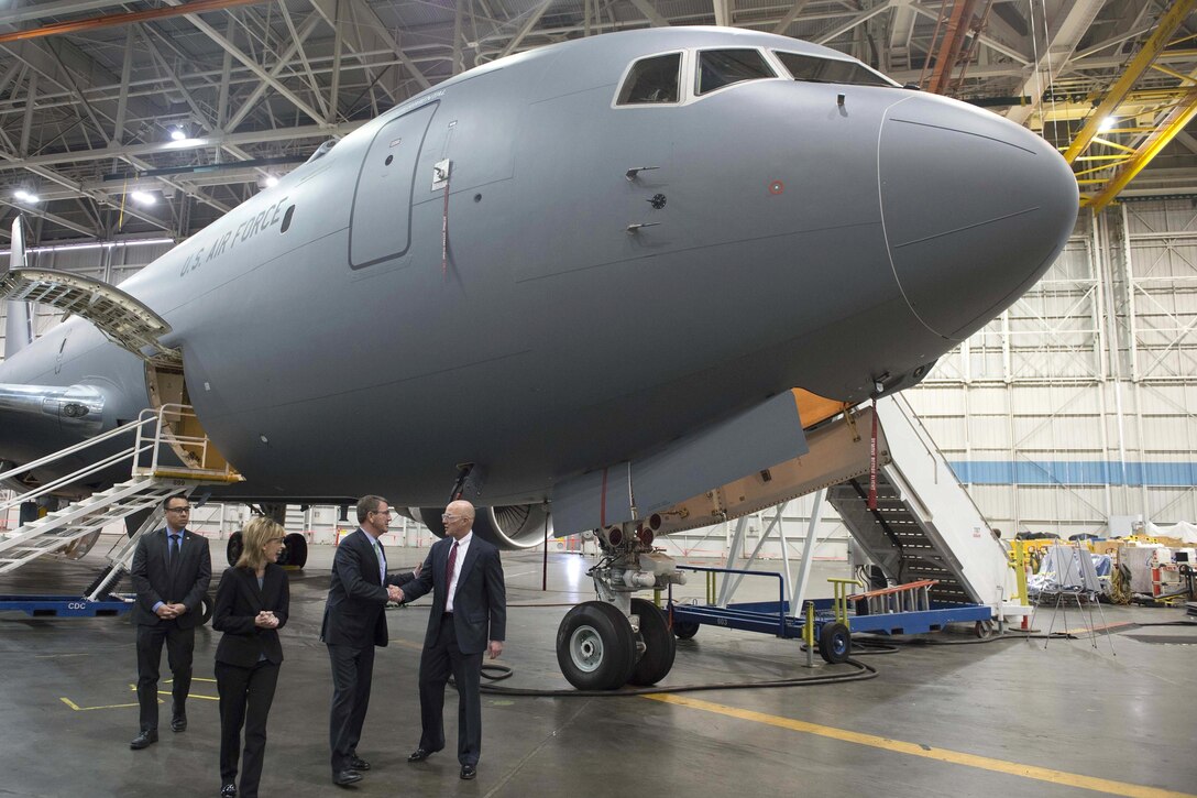 Defense Secretary Ash Carter, center right, tours a Boeing KC-46 aircraft at the Boeing facilities in Seattle, March 3, 2016. DoD photo by Navy Petty Officer 1st Class Tim D. Godbee