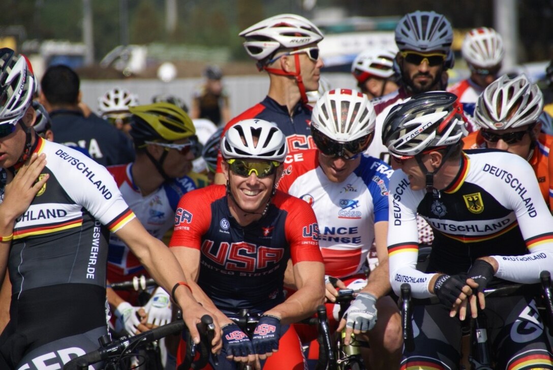 Air Force Major Ian Holt at the start line of the World Cycling Road Race, part of the Conseil International du Sport Militaire (CISM) 6th Military World Games in Mungyeong, South Korea 2-11 October 2015.  