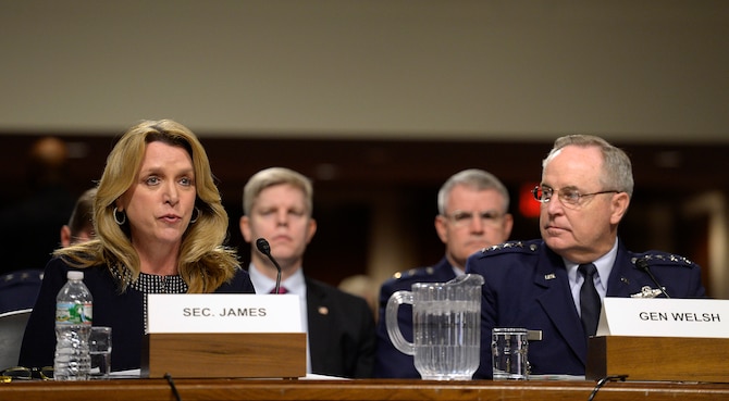 Secretary of the Air Force Deborah Lee James and Air Force Chief of Staff Gen. Mark A. Welsh III testify before the Senate Armed Services Committee on the Air Force posture in Washington, D.C., March 3, 2016. During their comments, the top leaders emphasized the challenges of balancing between budget reductions and maintaining readiness within the service.  (U.S. Air Force photo/Scott M. Ash)      