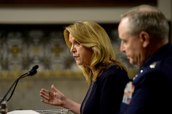 Secretary of the Air Force Deborah Lee James and Air Force Chief of Staff Gen. Mark A. Welsh III testify before the Senate Armed Services Committee on the Air Force posture in Washington, D.C., March 3, 2016. During their comments, the top leaders emphasized the challenges of balancing between budget reductions and maintaining readiness within the service.  (U.S. Air Force photo/Scott M. Ash)      