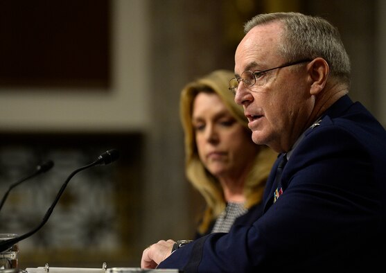 Secretary of the Air Force Deborah Lee James and Air Force Chief of Staff Gen. Mark A. Welsh III testify before the Senate Armed Services Committee on the Air Force posture in Washington, D.C., March 3, 2016. During their comments, the top leaders emphasized the challenges of balancing between budget reductions and maintaining readiness within the service.  (U.S. Air Force photo/Scott M. Ash)      