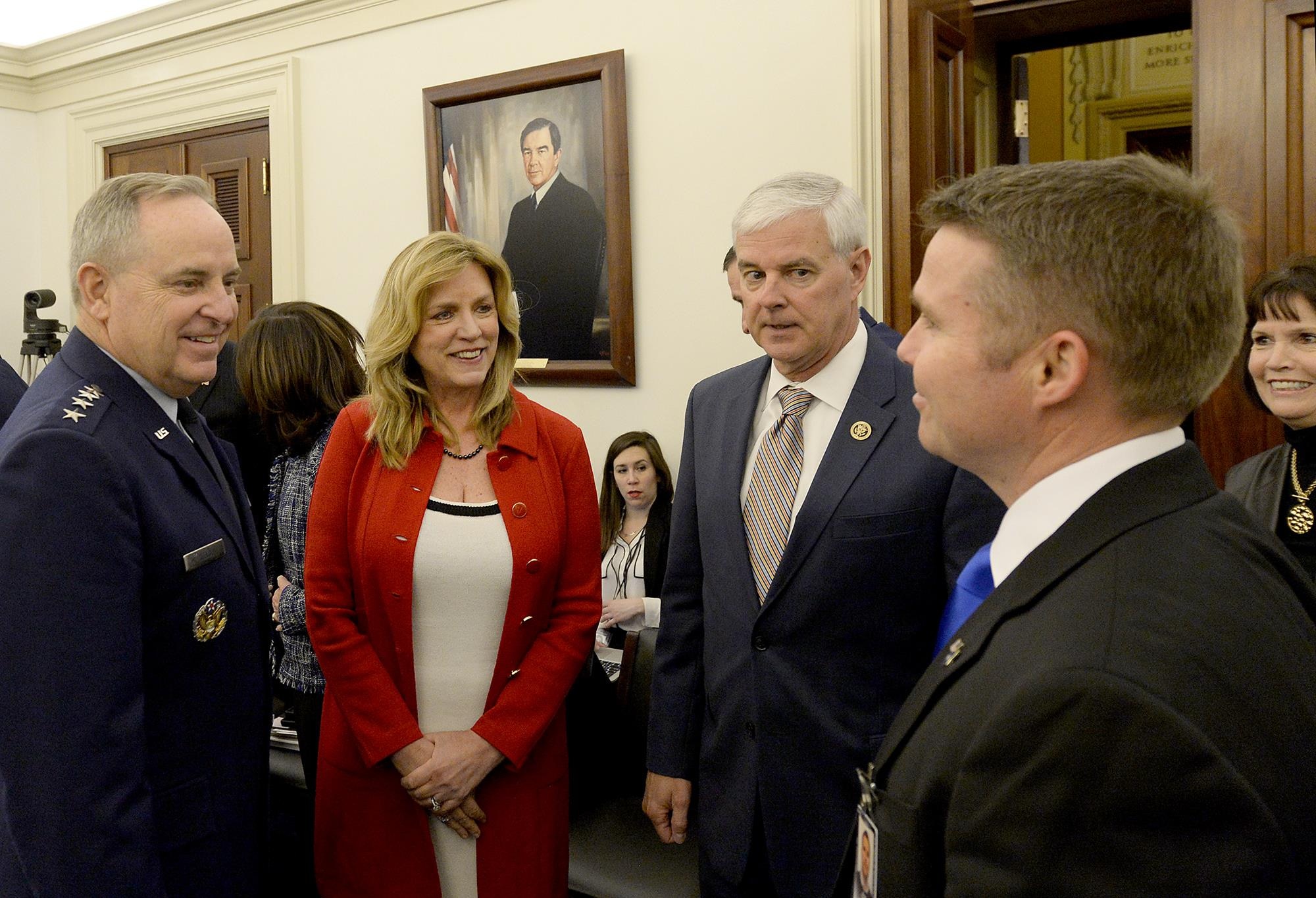 Secretary of the Air Force Deborah Lee James and Air Force Chief of Staff Gen. Mark A. Welsh III meet with Rep. Steve Womack and a Congressional staff member before testifying on current Air Force posture in front of the House Appropriations Committee on Defense in Washington, D.C., March 2, 2016. (U.S. Air Force photo/Scott M. Ash)
