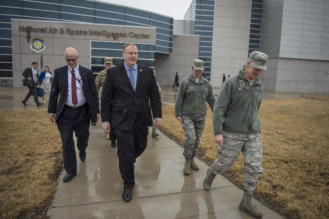 Deputy Secretary of Defense Bob Work and Air Force Lt. Gen. Robert "Bob" Otto, right, deputy chief of staff for intelligence, surveillance and reconnaissance at Air Force headquarters in Washington, D.C., talk after visiting the National Air and Space Intelligence Center on Wright-Patterson Air Force Base, Ohio, March 3, 2016, DoD photo by Air Force Senior Master Sgt. Adrian Cadiz