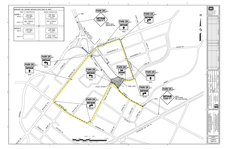 Construction activities continue on Phase 1 of the $30.9 million Muddy River Flood Risk Management and Environmental Restoration project in Boston, Massachusetts. On Saturday, March 12, a portion of the Avenue Louis Pasteur roadway (bridge) will be closed to vehicular and pedestrian traffic in order to remove the temporary diversion piping that was installed beneath the roadway for the river diversion work about a year ago.