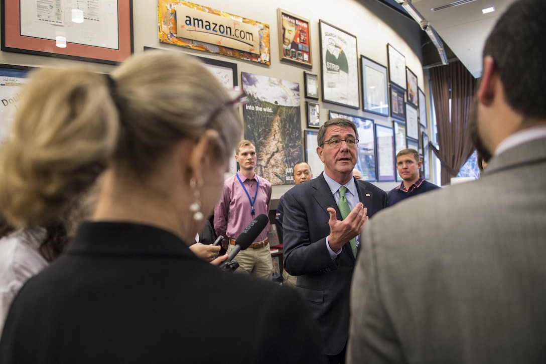 Defense Secretary Ash Carter answers questions from reporters in Seattle, March 3, 2016. Carter is in Seattle to strengthen ties between the Defense Department and the tech community. DoD photo by Navy Petty Officer 1st Class Tim D. Godbee