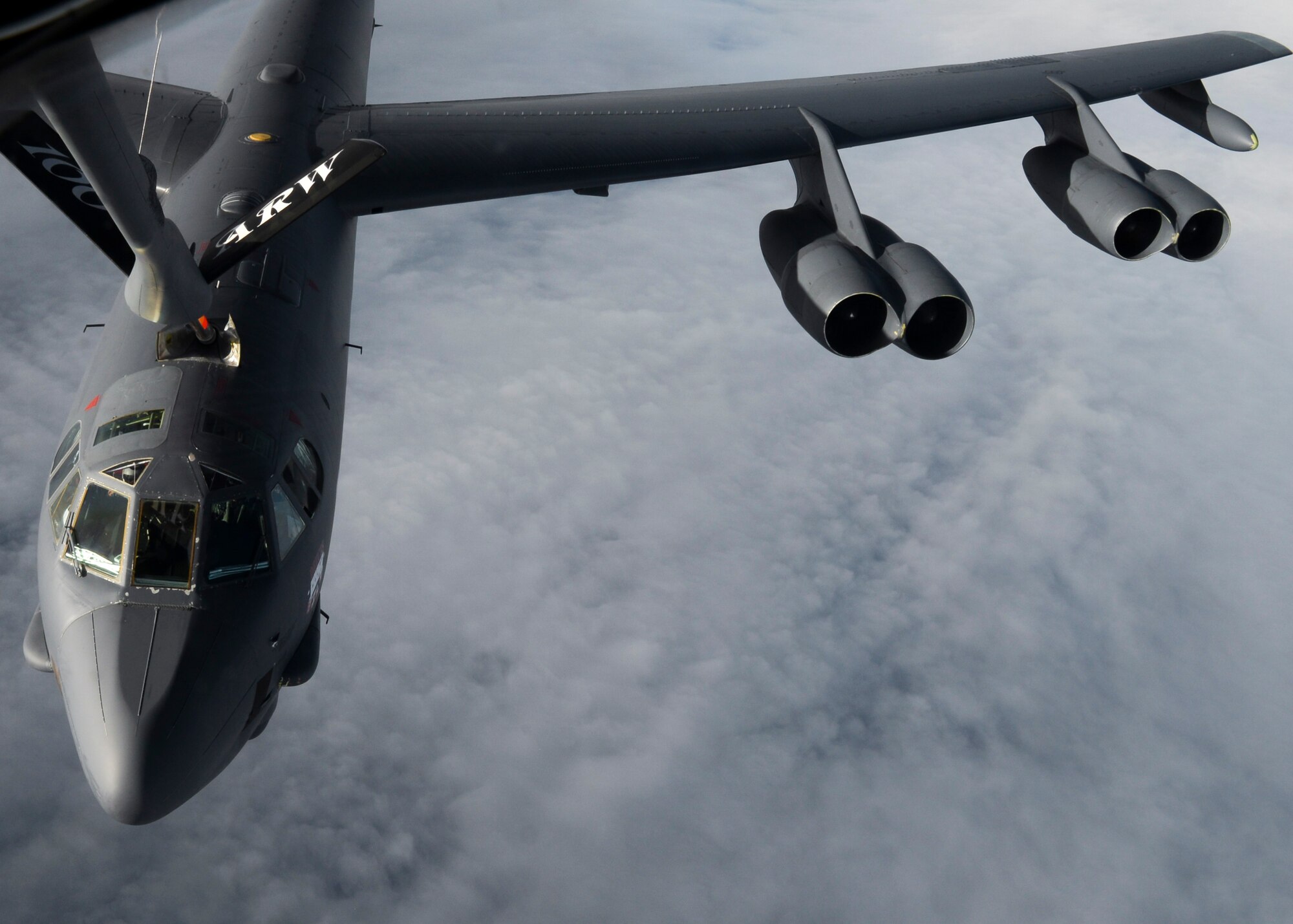 A U.S. Air Force B-52 Stratofortress assigned to Barksdale Air Force Base, La., receives fuel from a KC-135 Stratotanker assigned to RAF Mildenhall, England, over the Trøndelag region of Norway, while participating in exercise Cold Response. The exercise provides an opportunity for allies to train together and better understand how each operates and communicates. (U.S. Air Force photo by Senior Airman Victoria H. Taylor/Released) 