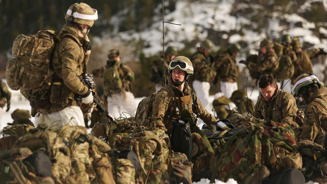 Norwegian soldiers, U.S. Marines, Dutch and U.K. Royal Commandos do an integrated air insert during a training event for Exercise Cold Response 16, March 3, 2016 around the city of Namsos, Norway. The cold-weather environment of Norway challenges the integration of air, land and sea capabilities from 13 NATO allies and partners while improving their collective capacity to respond and operate as a team.