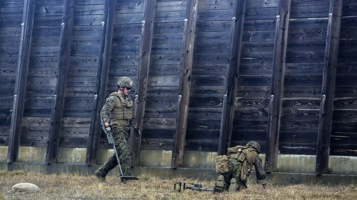 Marines with Explosive Ordnance Disposal  Platoon, Combat Logistics Battalion 2, utilize a compact metal detector to sweep for improvised explosive devices during a field exercise at Marine Corps Base Camp Lejeune, N.C., March 2, 2016. Marines utilized equipment such as compact metal detectors, bomb suits and a  TALON robot to locate and handle ordnance, which took the form of a simulated IED, ammunition or artillery shell.