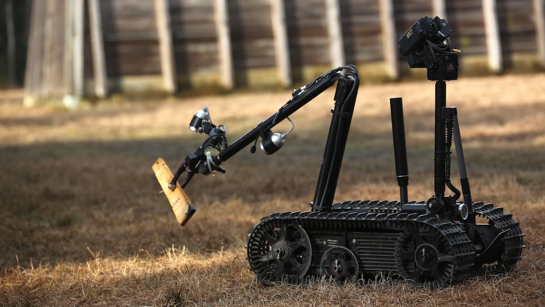 A TALON robot, operated by Marines with Explosive Ordnance Disposal  Platoon, Combat Logistics Battalion 2, scouts an area for improved explosive devices during a field exercise at Marine Corps Base Camp Lejeune, N.C., March 2, 2016. The training served as the last field operation prior to the battalion’s upcoming deployment with the Special Purpose Marine-Air Ground Task Force-Crisis Response-Africa.