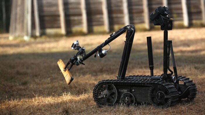 A TALON robot, operated by Marines with Explosive Ordnance Disposal  Platoon, Combat Logistics Battalion 2, scouts an area for improved explosive devices during a field exercise at Marine Corps Base Camp Lejeune, N.C., March 2, 2016. The training served as the last field operation prior to the battalion’s upcoming deployment with the Special Purpose Marine-Air Ground Task Force-Crisis Response-Africa.