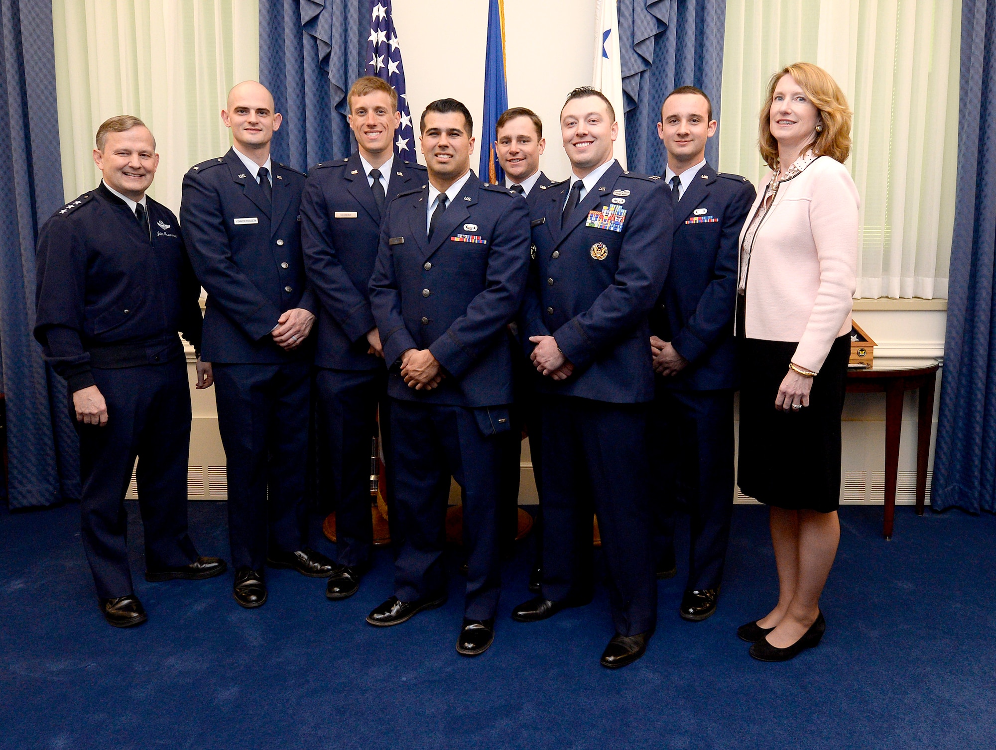 Lt. Gen. John Hesterman, the Air Force assistant vice chief of staff, and Under Secretary of the Air Force Lisa S. Disbrow congratulate Team Active Shooter Protection in the Pentagon, Feb. 29, 2016. (U.S. Air Force photo/Scott M. Ash)