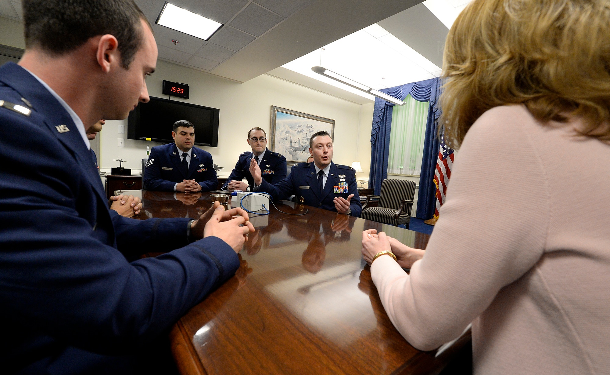 Members of the Air Force D3 Summit teams share their accomplishments with Under Secretary of the Air Force Lisa S. Disbrow in the Pentagon Feb. 29, 2016. (U.S. Air Force photo/Scott M. Ash)