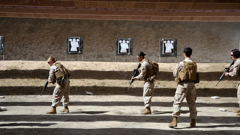 U.S. Marines with the 26th Marine Expeditionary Unit conduct live-fire training with the Kuwait Ministry of the Interior VIP Protection Unit, Female Division during an exchange with the 26th MEU’s Female Engagement Team Jan. 31 to Feb. 11, 2016, in Kuwait City, Kuwait. The 26th MEU is embarked on the Kearsarge Amphibious Ready Group and is deployed to maintain regional security in the U.S. 5th Fleet area of operations.