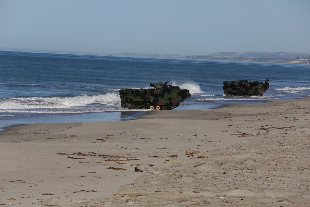 Amphibious Assault Vehicles assault the beach after launching from the USS Essex (LHD 2) during a Marine Corps Combat Readiness Evaluation Feb. 25, 2016. The MCCRE evaluates the readiness of the Marines of Company A, 3rd Assault Amphibian Battalion prior to their deployment to Okinawa, Japan. (U.S. Marine Corps photo by Lance Cpl. Timothy Valero/ Released)