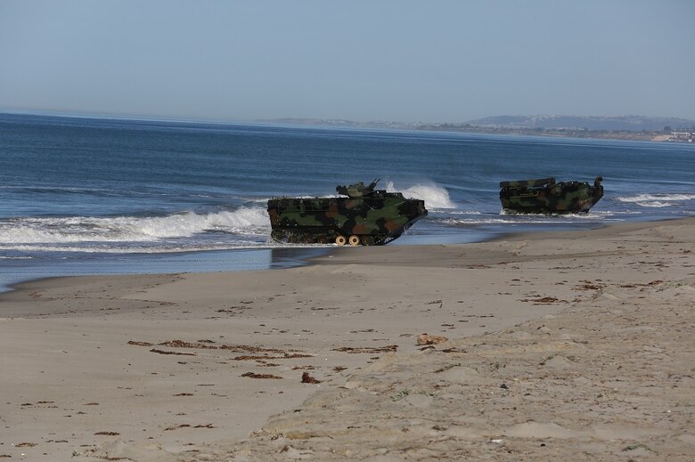 Amphibious Assault Vehicles assault the beach after launching from the USS Essex (LHD 2) during a Marine Corps Combat Readiness Evaluation Feb. 25, 2016. The MCCRE evaluates the readiness of the Marines of Company A, 3rd Assault Amphibian Battalion prior to their deployment to Okinawa, Japan. (U.S. Marine Corps photo by Lance Cpl. Timothy Valero/ Released)