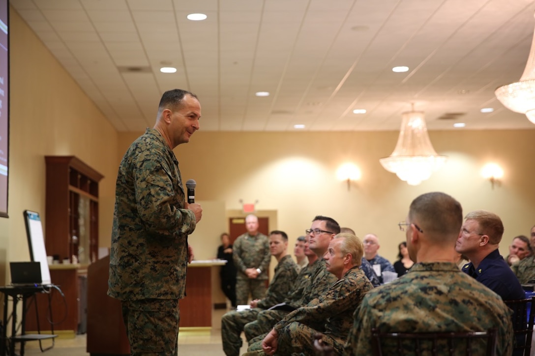 Maj. Gen. Daniel J. O'Donohue speaks at the Naval Chaplaincy Excellence award ceremony at Camp Pendleton, Feb. 23, 2016. The ceremony recognized Lt. Michael Kennedy and Petty Officer 3rd Class Dawaylon Farr for going above and beyond the call of duty to provide spiritual guidance and renewed faith to Marines and sailors serving I Marine Expeditionary Force. O’Donohue, the commanding general of 1st Marine Division, was a guest speaker and presented awards to the recipients.  Kennedy is a chaplain with 1st Battalion, 1st Marine Regiment, 1st Mar. Div. Farr is a religious program specialist with 1st Bn., 4th Marines. (U.S. Marine Corps photo by Pvt. Robert Bliss/Released)
