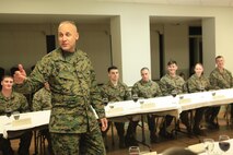Guest of honor Sgt. Maj. Robert G. VanOostrom, sergeant major of manpower and reserve affairs, speaks to Chemical Biological Incident Response Force (CBIRF) Corporals during a Mess Night at the Mix House aboard Naval Support Facility Indian Head, Md., Feb. 25, 2016. Corporals with CBIRF, U.S. Marine Forces Command (MARFORCOM), participated in the time-honored tradition of a Marine Corps Mess Night the night prior to their graduation from the course. The noncommissioned officers completed the 3 week course curriculum that included sword and guidon manual, land navigation, Marine Corps promotion system for sergeants and below and other small unit leader skills and traits. (Official USMC Photos by Sgt. Santiago G. Colon Jr./Released)

