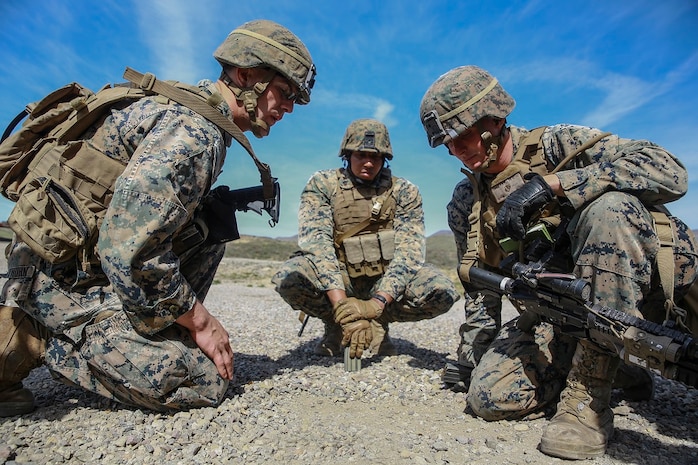 Marines execute a rehearsal of concept drill during combat marksmanship training at Camp Pendleton March 2, 2016. The training was part of the Urban Leaders Course taught by 1st Marine Division Schools. The course focuses on enhancing small unit leadership through integrated training and implementation of fire teams and squad-sized elements in an urban setting. Marines participating in the training are from various units on Camp Pendleton. (U.S.  Marine Corps photo by Sgt. Emmanuel Ramos/Released)