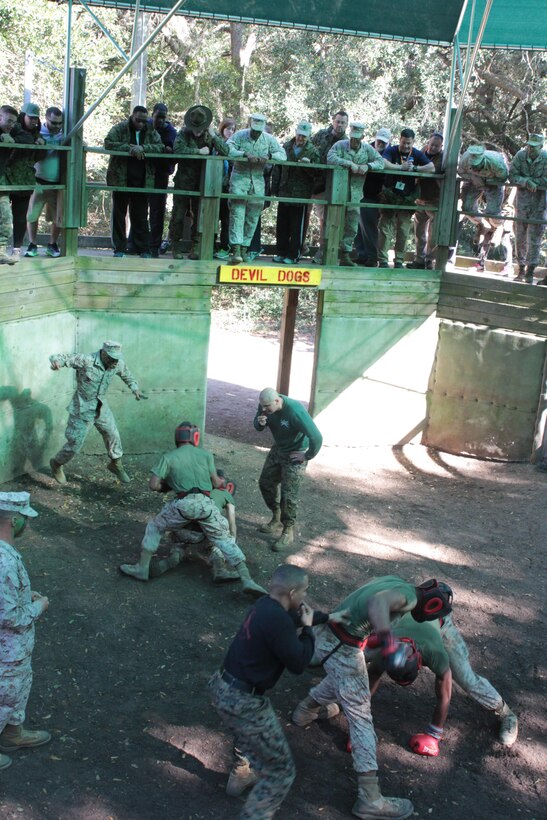 Educators witness a sparring match between recruits testing out for their tan belt in the Marine Corps Martial Arts Program March 3, 2016, aboard Marine Corps Recruit Depot Parris Island, S.C. The sparring is one of the six events Marine recruits go through during the crucible to earn the title Marine. The purpose of the Educators Workshop is to give the educators a better understanding of the Marine Corps. (Official Marine Corps photo by Cpl. Diamond N. Peden/Released)