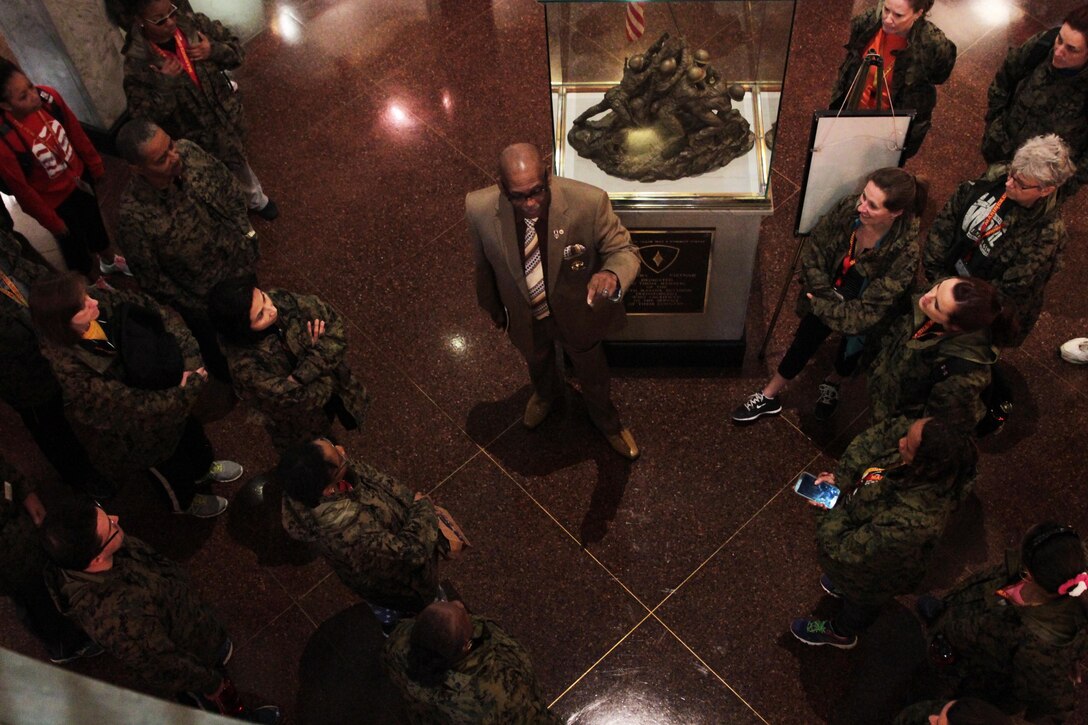 Aulton Kohn speaks with educators March 3, 2016, at the Parris Island Museum aboard Marine Corps Recruit Depot Parris Island, S.C. Visiting the Parris Island Museum is one of the many parts of the Educators Workshop, which is a three-day event that will give the educators a chance to experience the day-to-day routines aboard the depot and Marine Corps Air Station Beaufort, S.C. Aulton Kohn is a retired Gunnery Sergeant. (Official Marine Corps photo by Cpl. Diamond N. Peden/Released)
