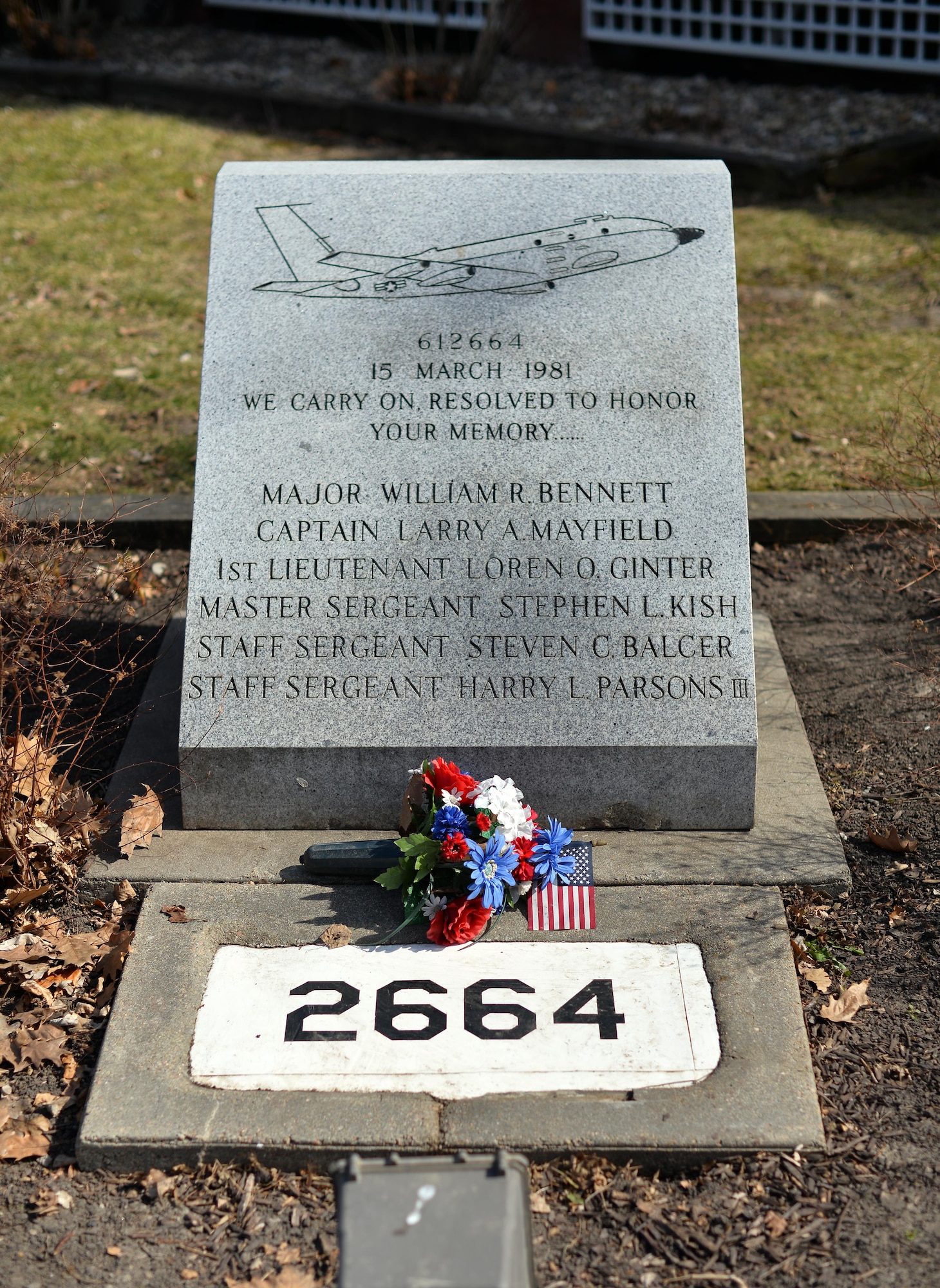 On March 15, 2016, the 55th Wing will pause to remember and honor those members who lost their lives when an RC-135S Cobra Ball crashed upon landing in severe weather 35 years ago at Shemya Air Force Base, Alaska. A memorial to those six members stands outside the 45th Reconnaissance Squadron headquarters building where the ceremony will take place at 2 p.m. (Photo by Josh Plueger)
